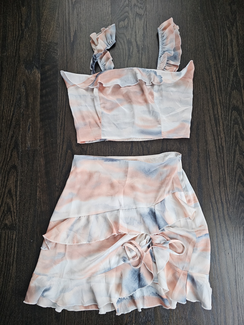 Ruffled Tie-Front Mini Skirt in Peach and Blue